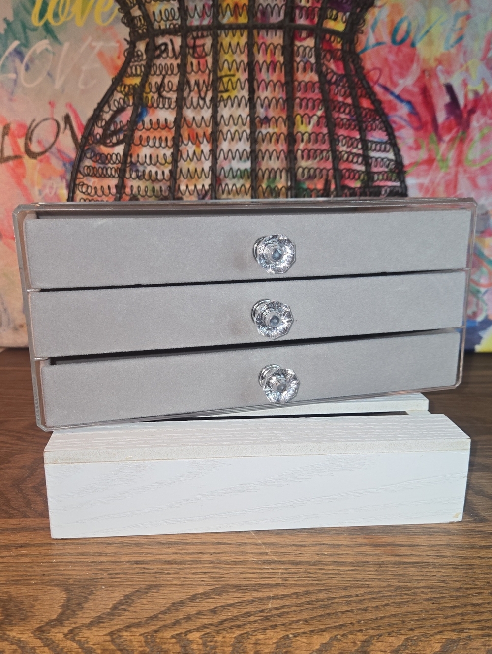 Velvet Jewelry Drawer Organizer in Light Gray with Crystal Pulls